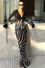 Colorblock Print V Neck Mesh Maxi Dress image 3