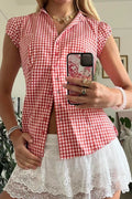 Versatile Red White Plaid Blouse image 1