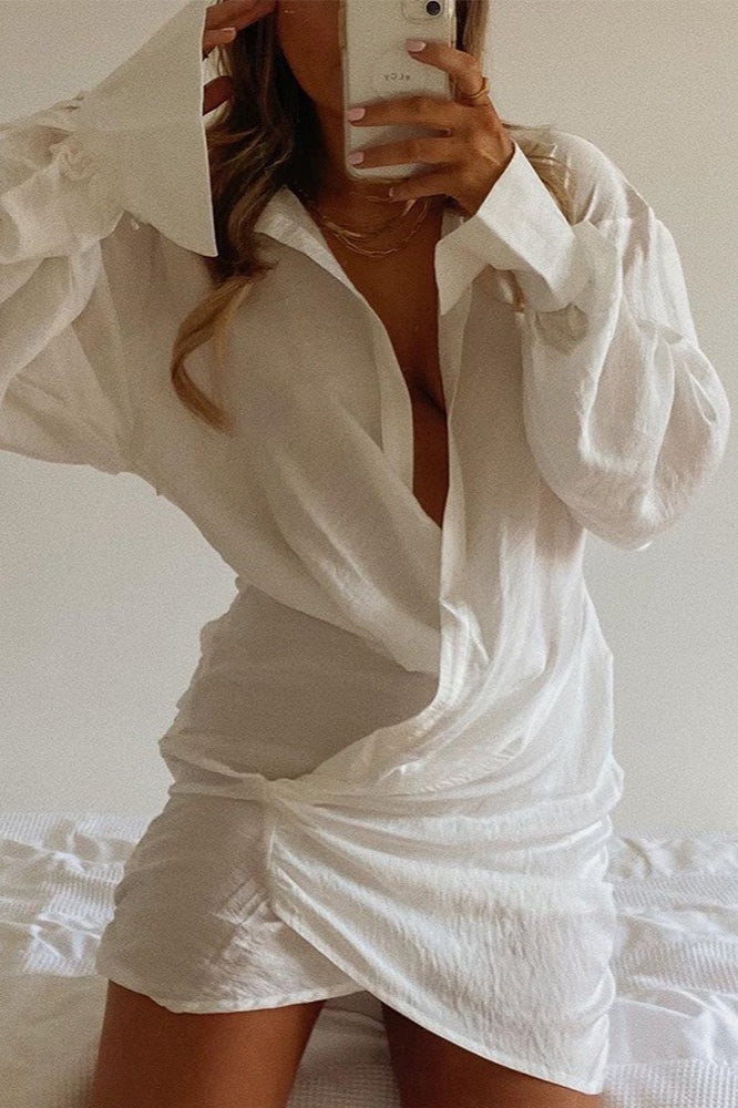 Long Sleeve Shirt Sexy Deep V Linen Mini Dress image 2