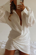 Long Sleeve Shirt Sexy Deep V Linen Mini Dress image 2