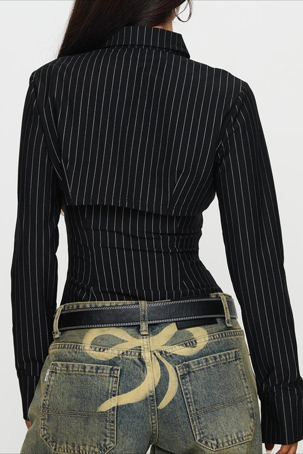 Striped Collared Buttoned Hollow Long Sleeve Blouse image 4