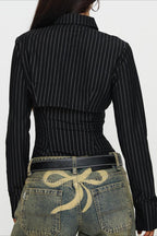 Striped Collared Buttoned Hollow Long Sleeve Blouse image 4