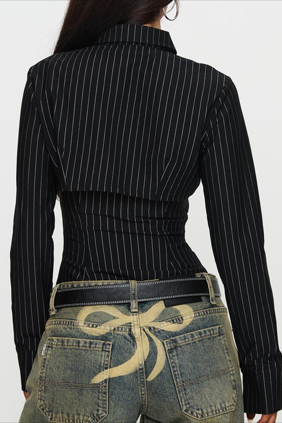 Striped Collared Buttoned Hollow Long Sleeve Blouse image 4