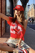 Letter Print Off Shoulder Crop T-Shirt image 1
