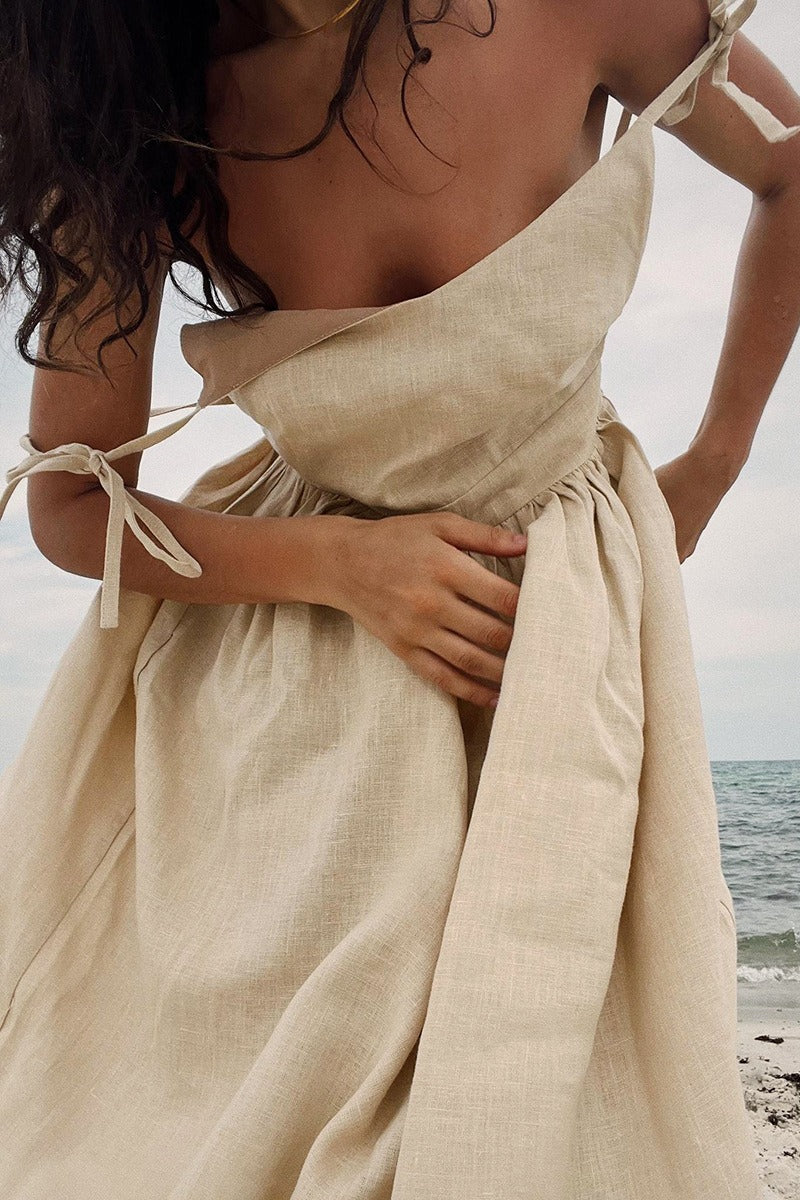 Cotton V Neck Spaghetti Strap Elegant Tie Backless Midi Dress image 5