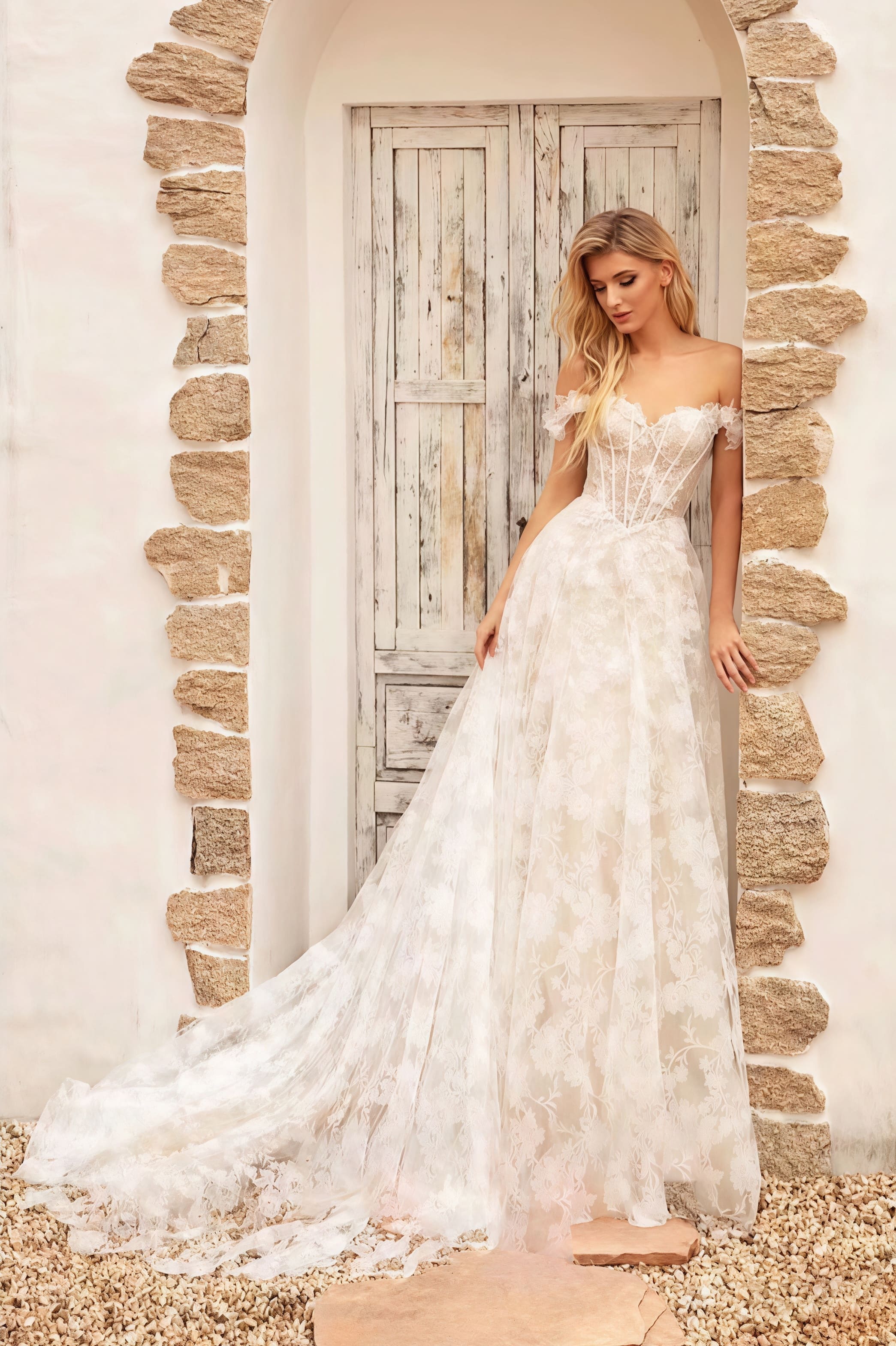 Off Shoulder Lace Applique Boned Wedding Dress image 3
