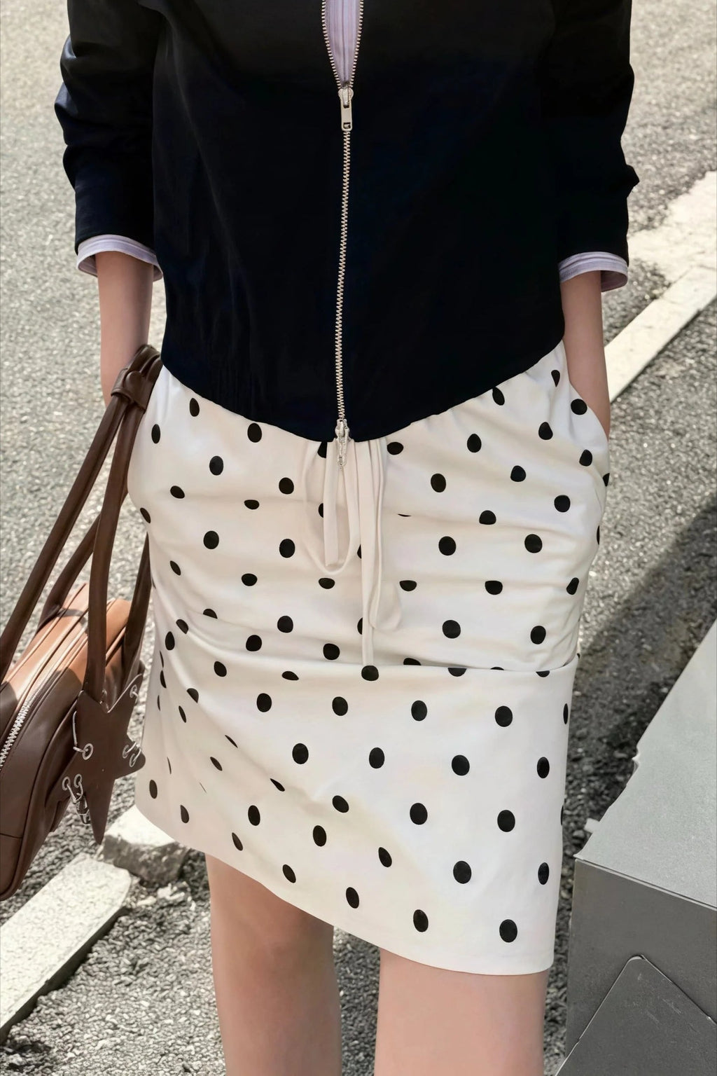 Vintage Satin Polka Dot Drawstring Midi Skirt image 1