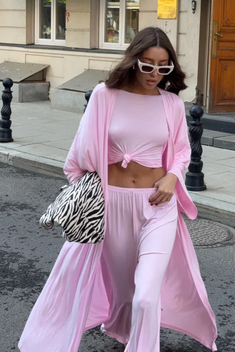 Solid Knit Flowly Long Sleeve Robe Three Piece Set image 7