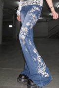 Chic Retro Rose Embroidery Low Rise Flared Jeans image 1