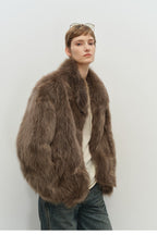 Minimalist Mid-Length Faux Fur Stand Collar Coat image 6