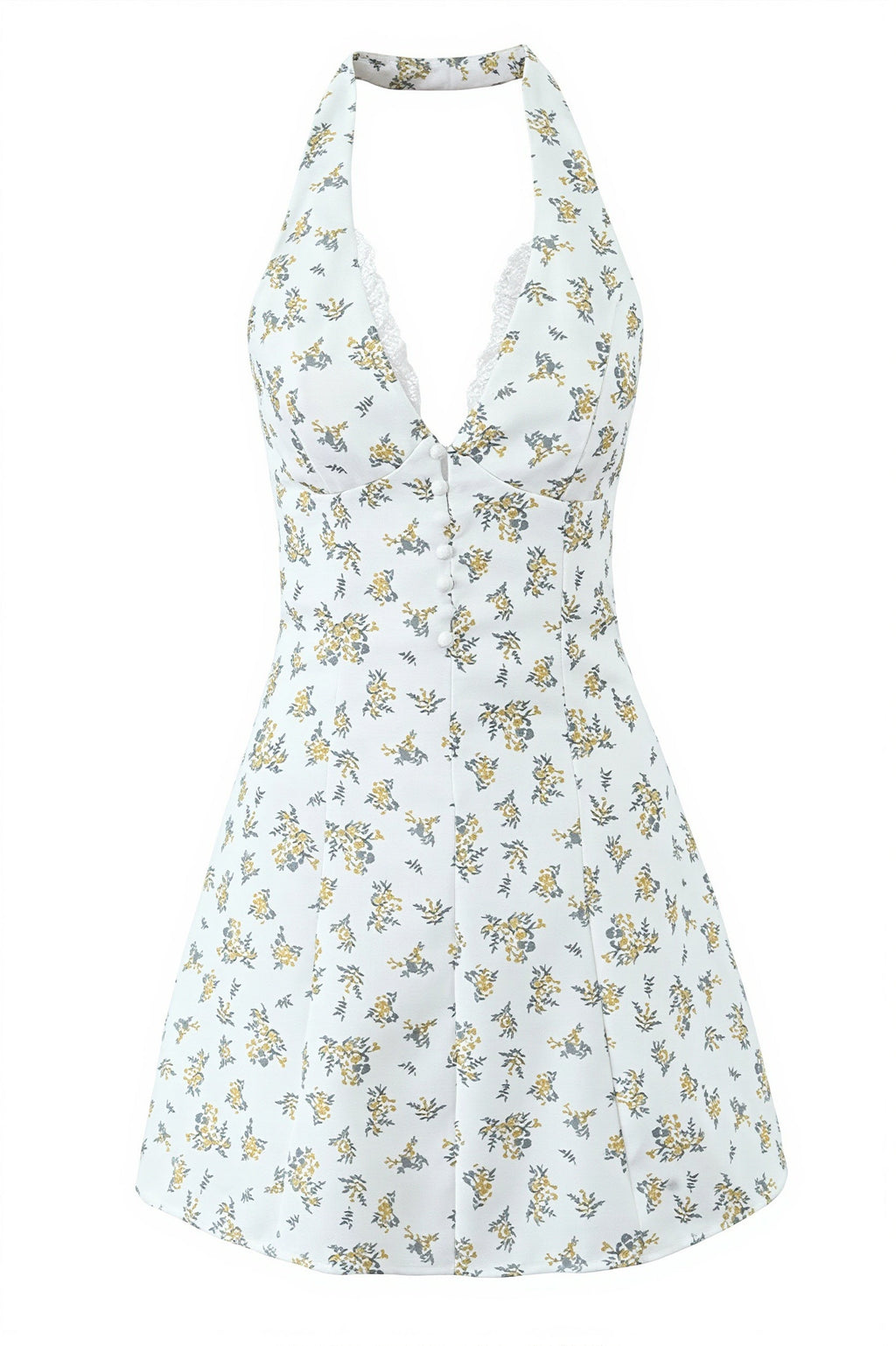 Floral Lace Patchwork Halter V Neck Waist Cinch Mini Dress image 5