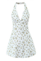 Floral Lace Patchwork Halter V Neck Waist Cinch Mini Dress image 5