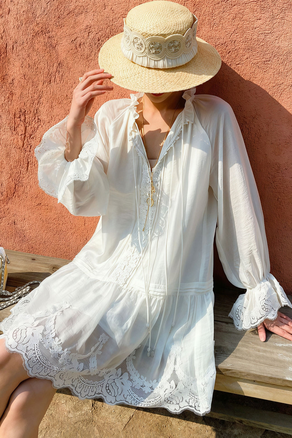 Linen Lace Patchwork Long Sleeve Midi Dress image 7