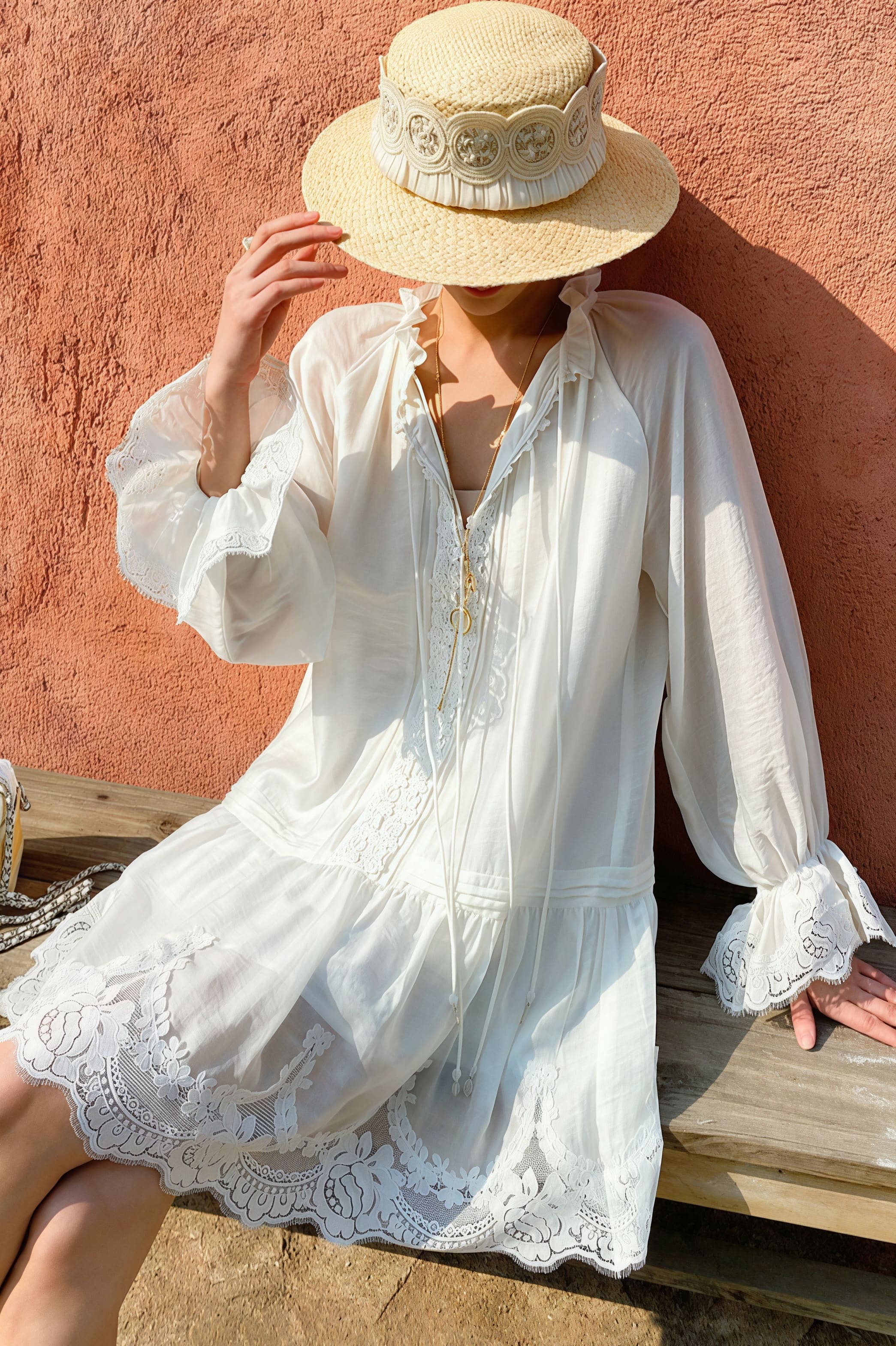 Linen Lace Patchwork Long Sleeve Midi Dress image 7