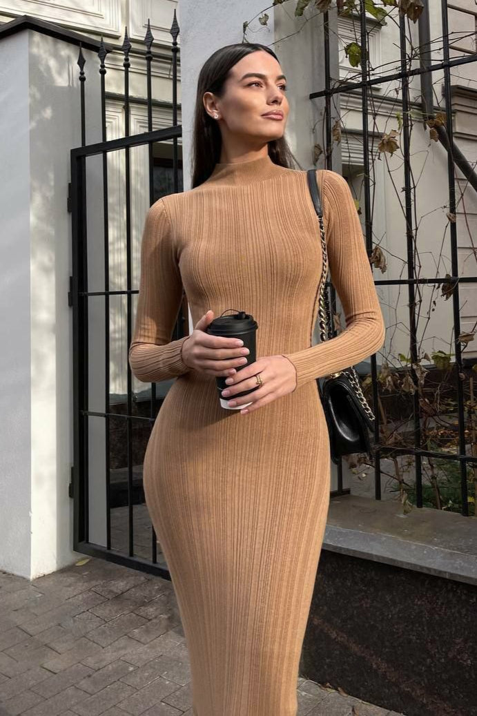 Elegant High Neck Striped Sweater Dress image 6