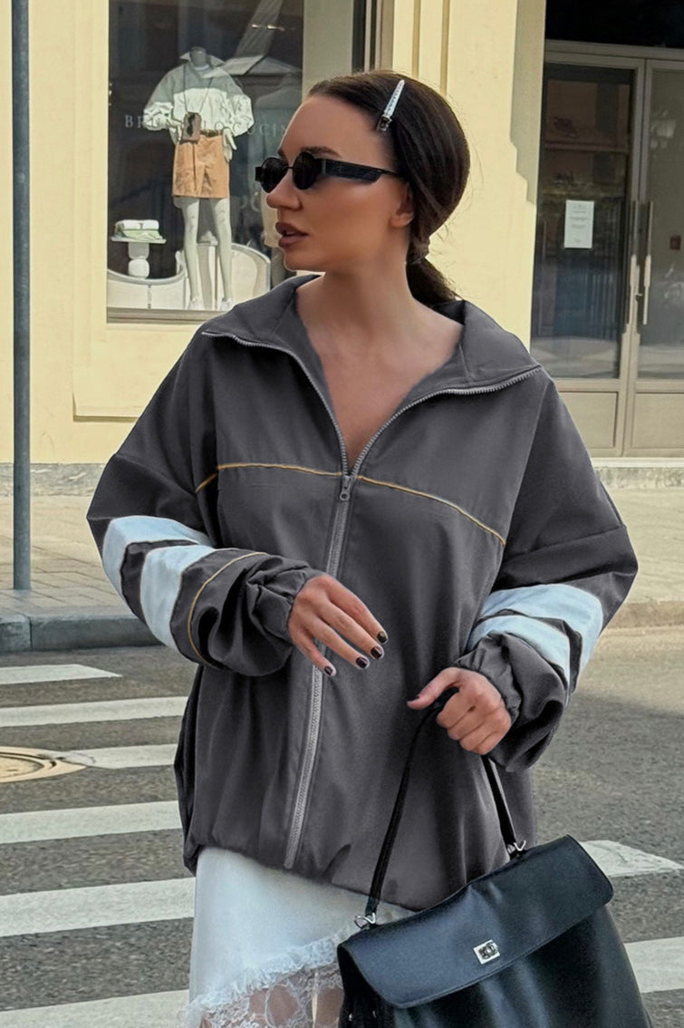 Color Blocking Loose Designer Mandarin Collar Coat image 5