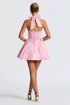 Jacquard Halter V Neck Bow Mini Dress image 7