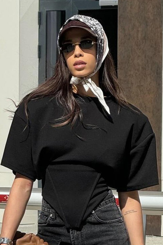 Chic Solid Wide Shoulder Tie Waist Elbow Sleeve T-shirt image 11