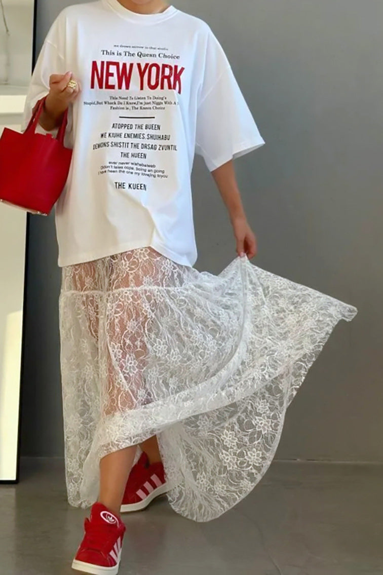 Floral Lace Sheer High-Waist A-Line Skirt image 1