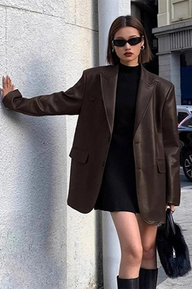 Black PU Leather Blazer Jacket image 1