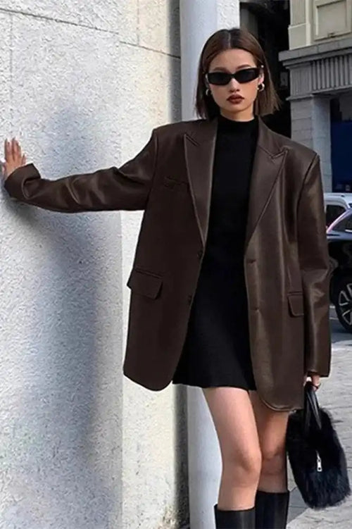 Black PU Leather Blazer Jacket image 1