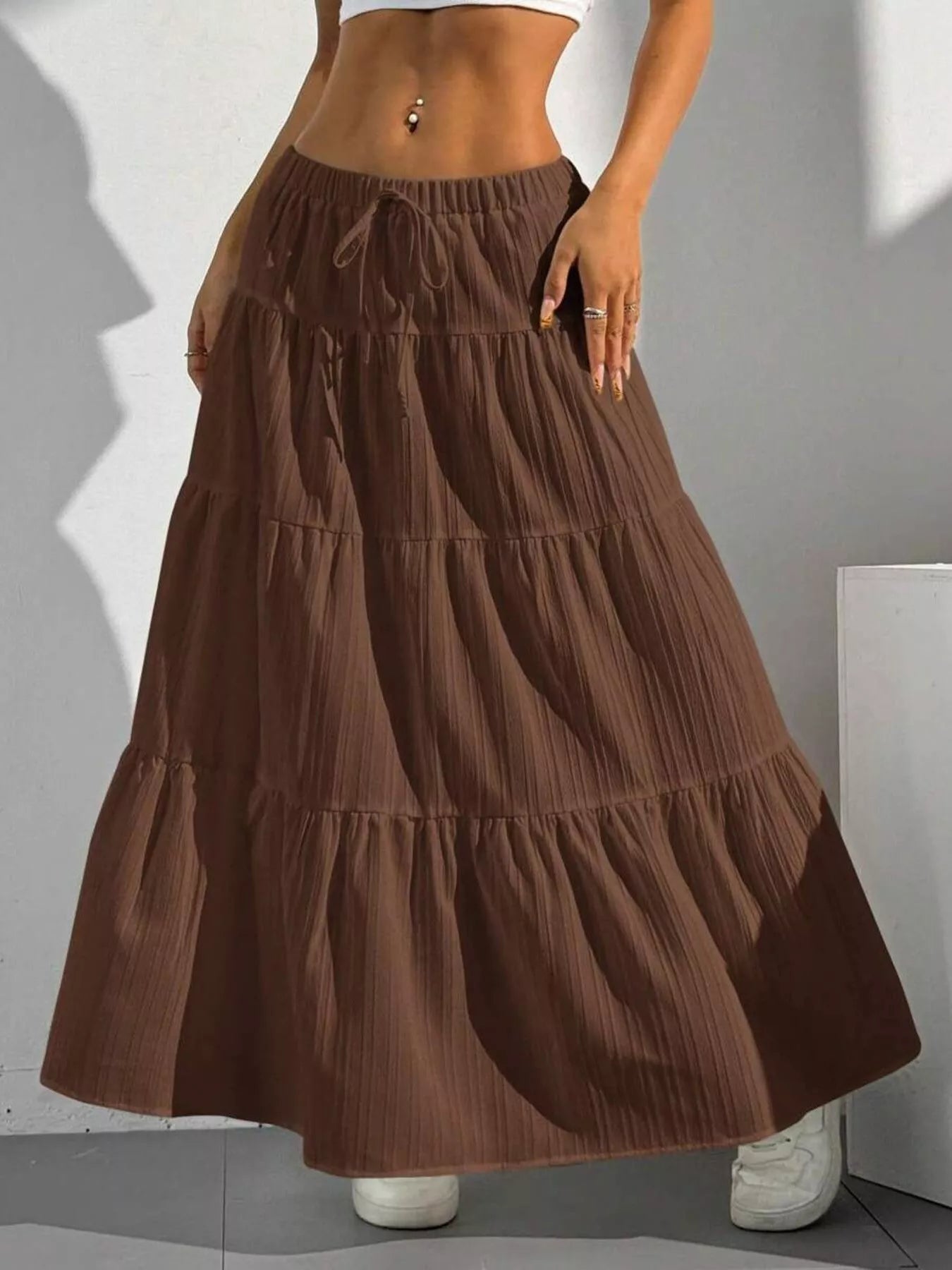 Capri Tiered Maxi Skirt detail view styled for Avrienne