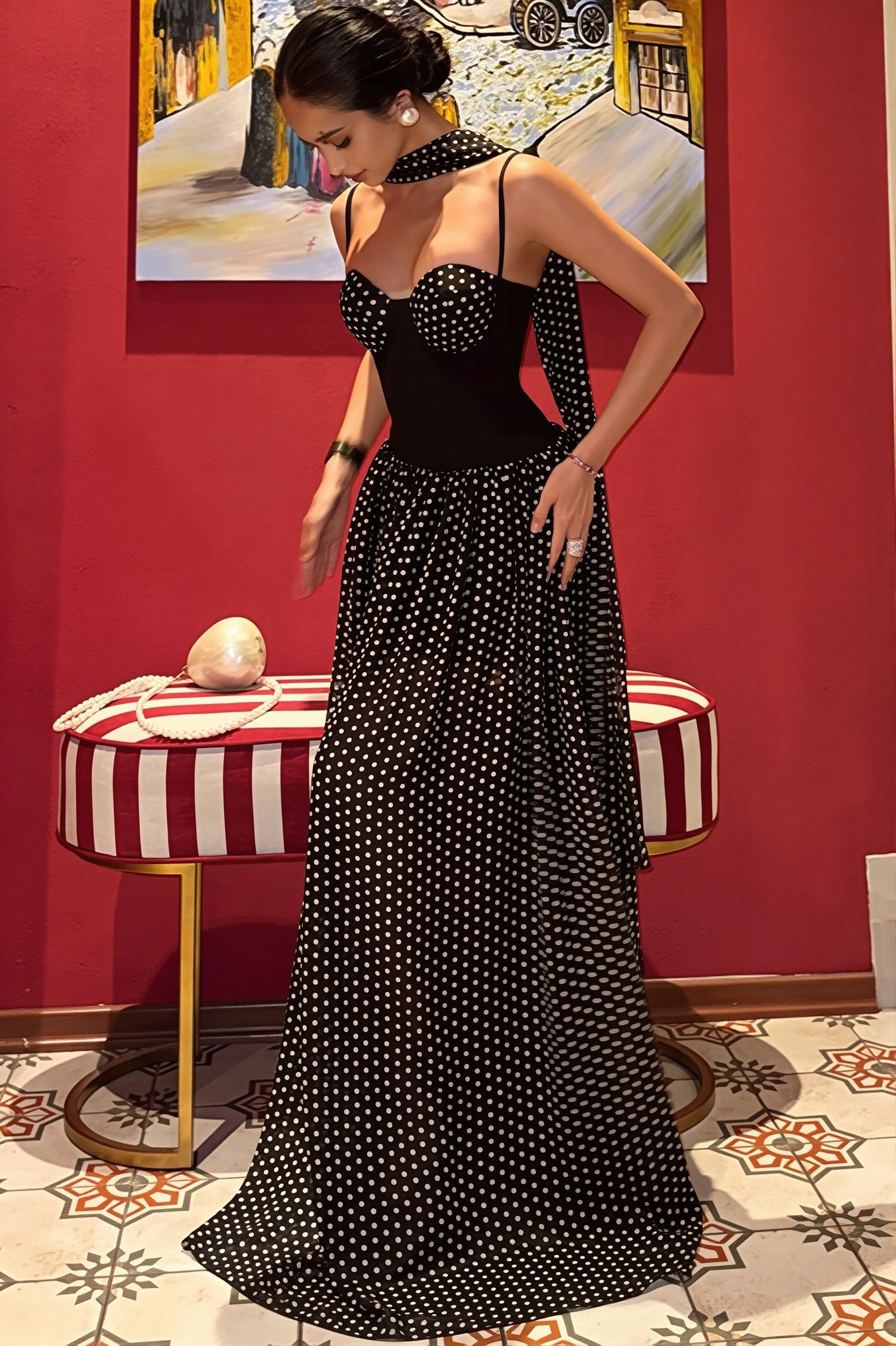 Strapless Cutout Back Ribbon Dot Print Cami Maxi Dress image 4