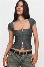 Vintage Square Neck Double Zip Stripe Blouse image 1