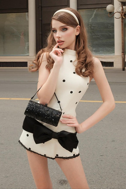 Crew Neck Waist Cinched Color Block Polka Dot Bow Mini Dress image 3