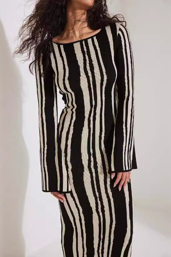 Striped Contrast Slim Knit Sweater Dress image 1