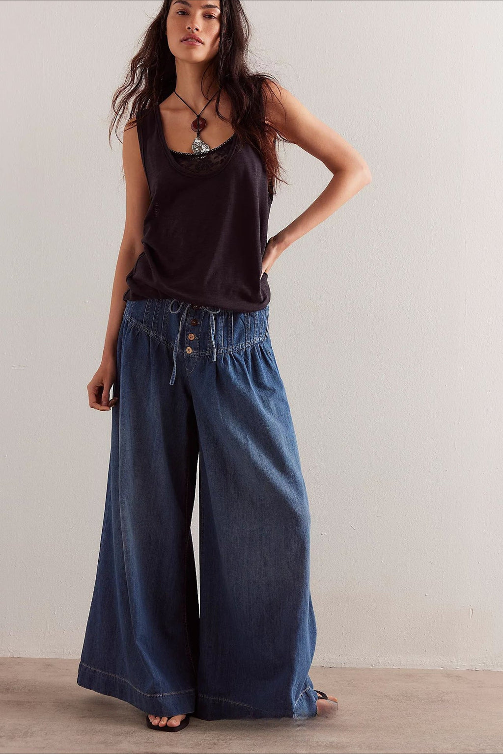 Ruched Mid-Rise Tie Waist Wide Leg Jean image 1