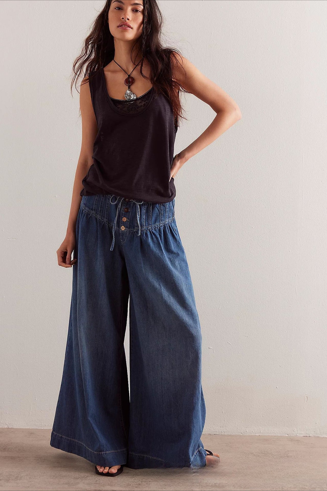 Ruched Mid-Rise Tie Waist Wide Leg Jean image 1