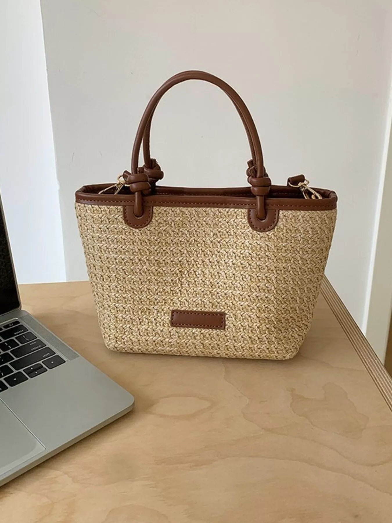Lumi Straw Crossbody detail view styled for Avrienne