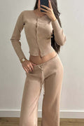 Sexy Fitted Buttoned Long-Sleeve Low-Rise Knit Two Piece Set image 3
