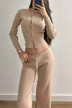 Sexy Fitted Buttoned Long-Sleeve Low-Rise Knit Two Piece Set image 3