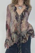 Vintage Print Contrast Mesh Tie Blouse image 1