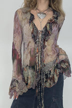 Vintage Print Contrast Mesh Tie Blouse image 1