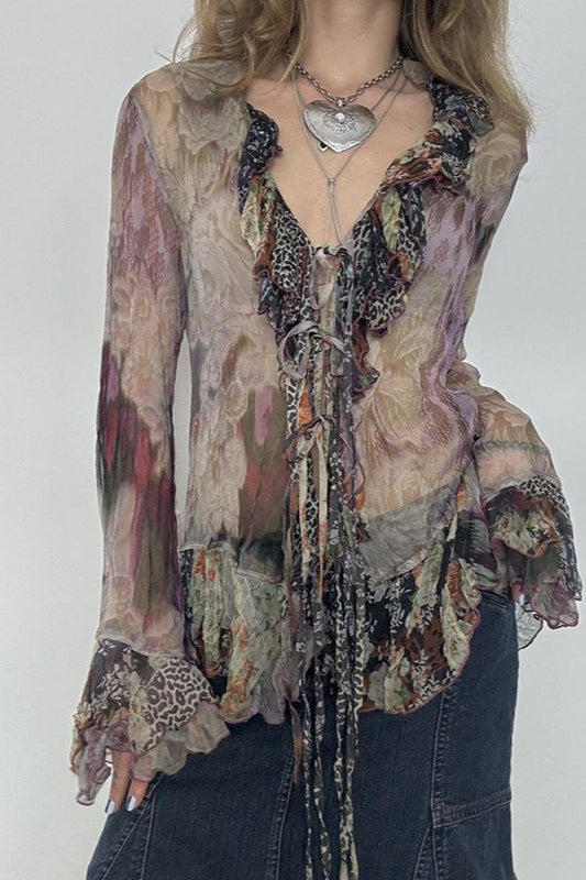 Vintage Print Contrast Mesh Tie Blouse image 1