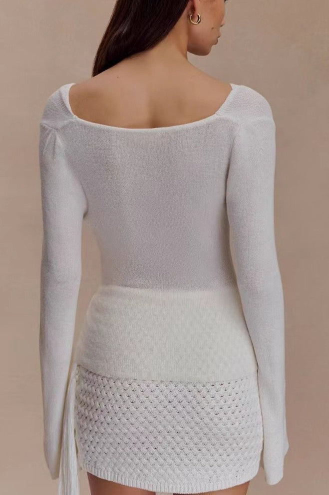 Sexy Slim-Fit Waist-Cinched Lace-Knit U-Neck Sweater image 2