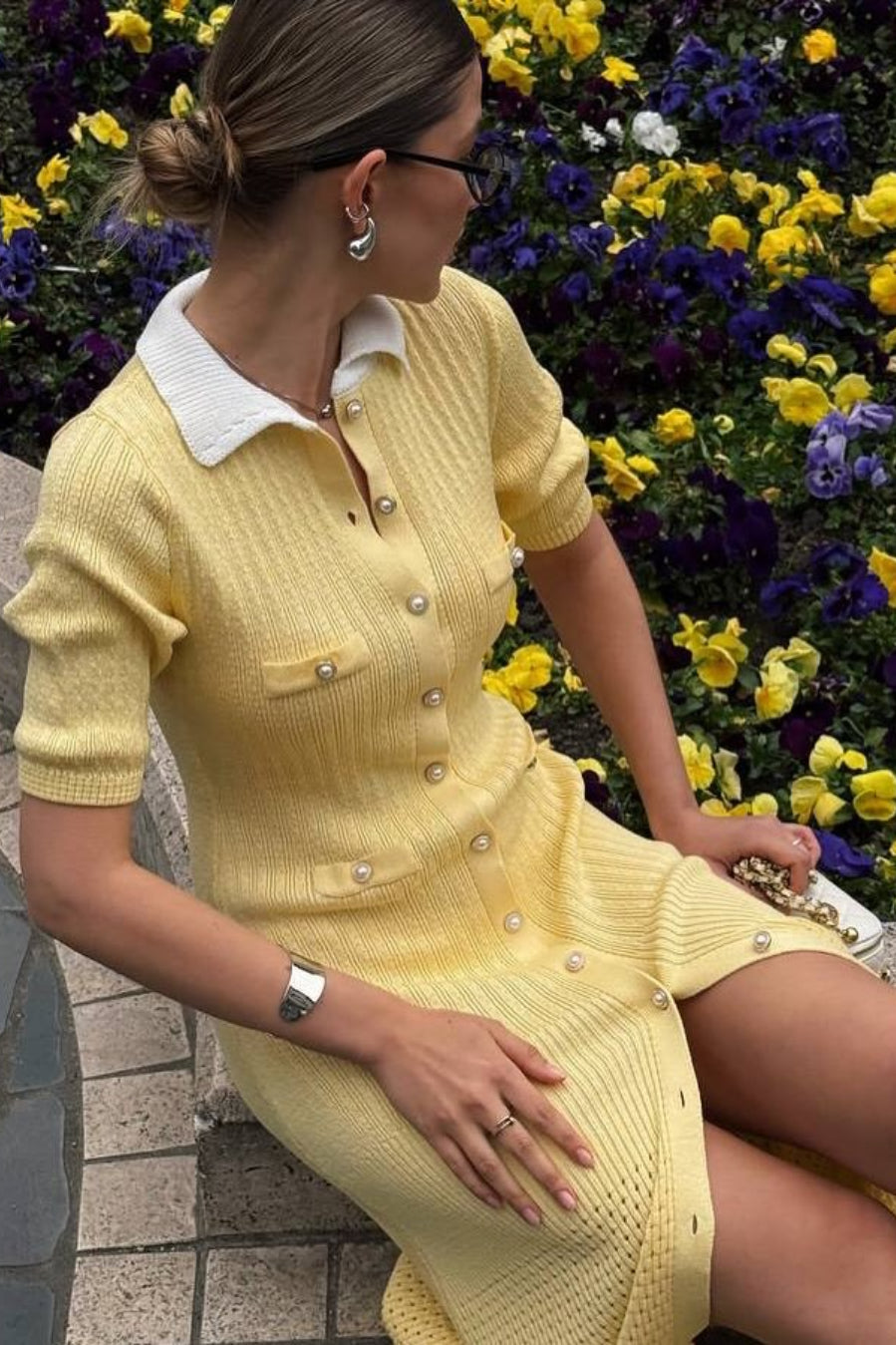 Single Breasted V Neck Knitted Slit Peter Pan Collar Midi Dress image 1