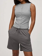 Elara Button Tank detail view styled for Avrienne