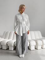 French Chic Long Sleeve Waist-Tied Blouse image 4