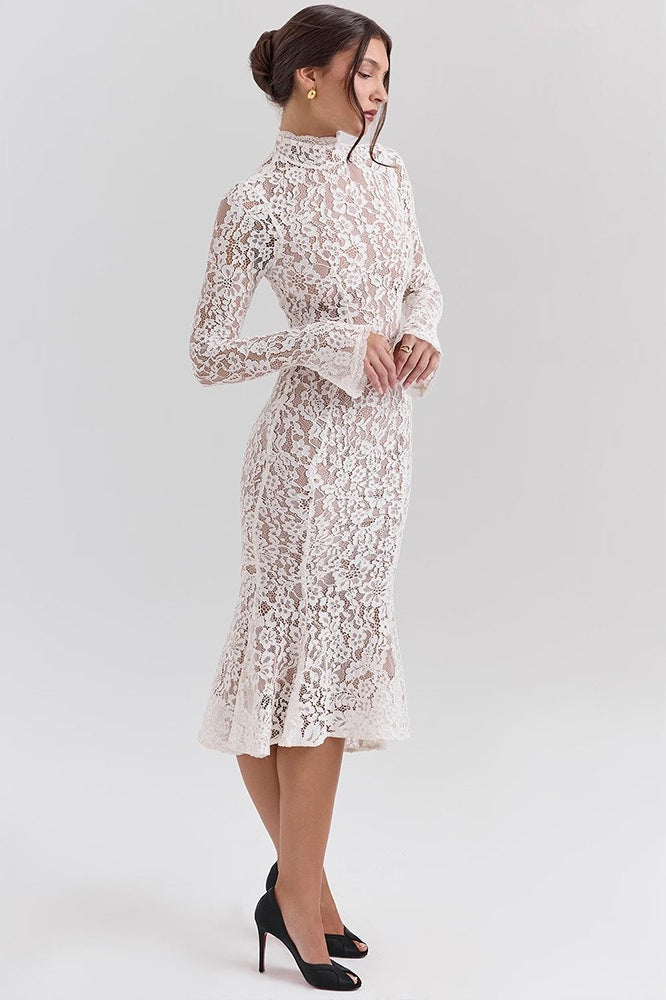 Round Neck Lace Long Sleeve Mermaid Midi Dress image 5