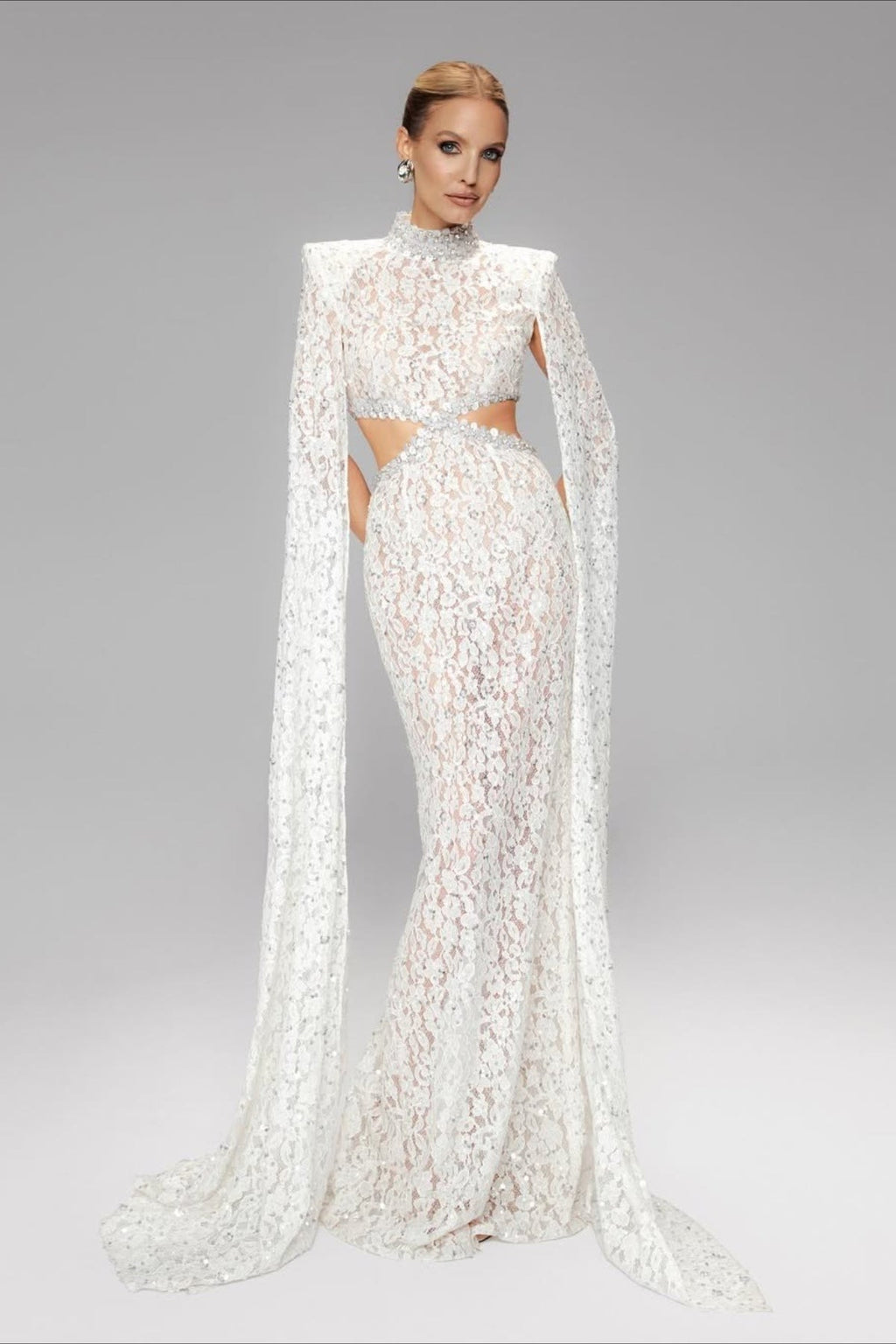 Lace Beaded Sequin Slim Cape Reception Dress image 1