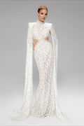 Lace Beaded Sequin Slim Cape Reception Dress image 1