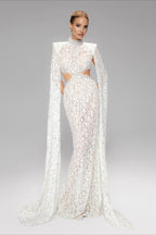 Lace Beaded Sequin Slim Cape Reception Dress image 1