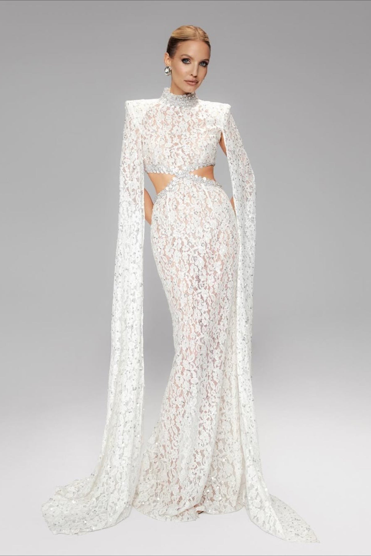 Lace Beaded Sequin Slim Cape Reception Dress image 1