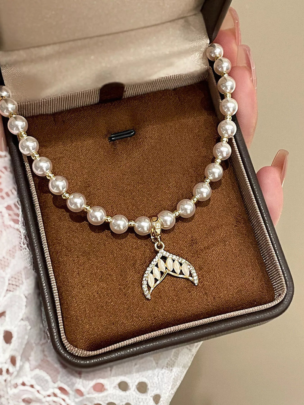 Honor Pearl Necklace detail view styled for Avrienne