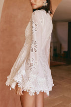 Fitted Lace Trim Tie Long Sleeve Mini Dress image 2