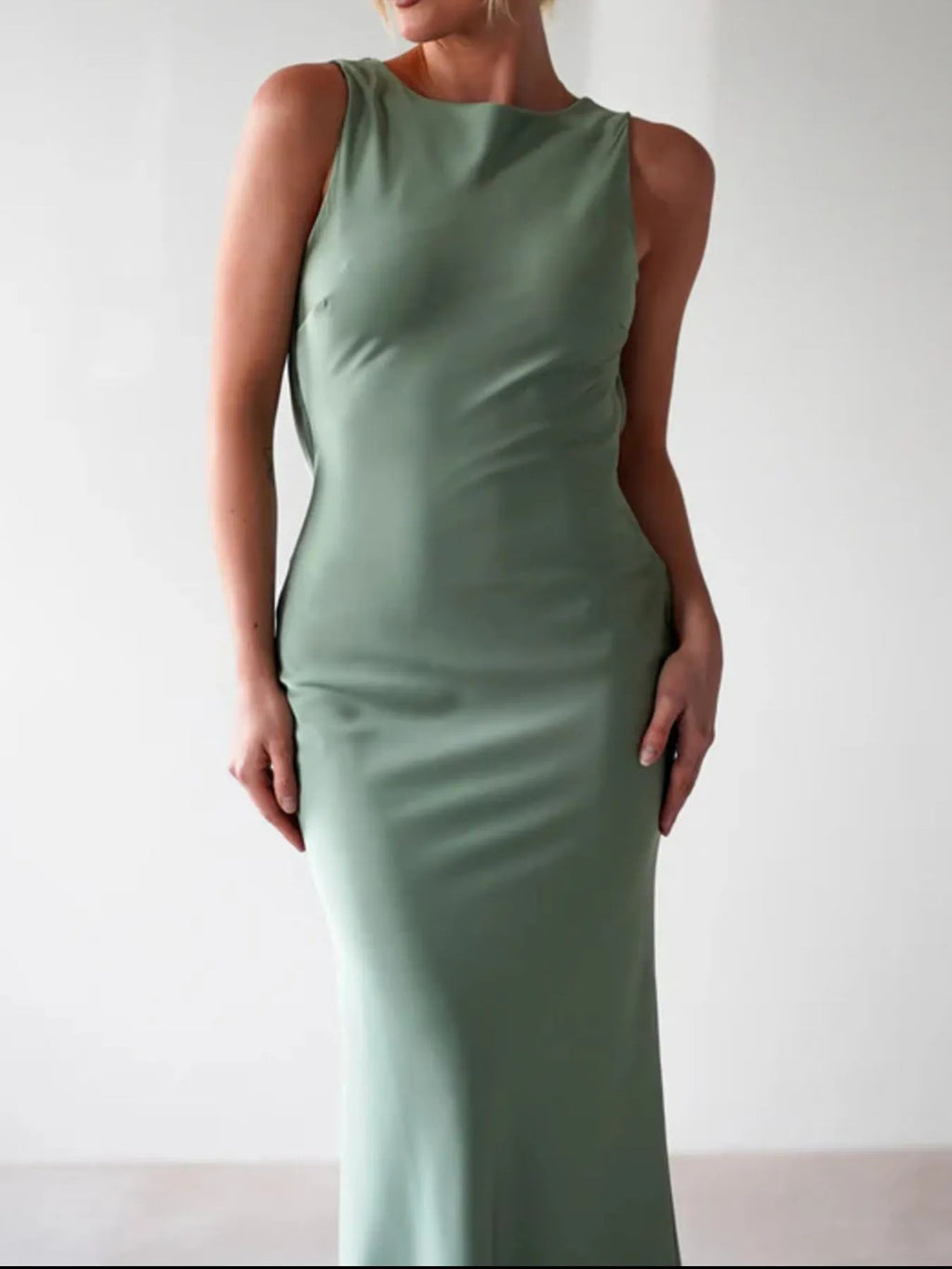 Sylvie Satin Maxi Dress detail view styled for Avrienne